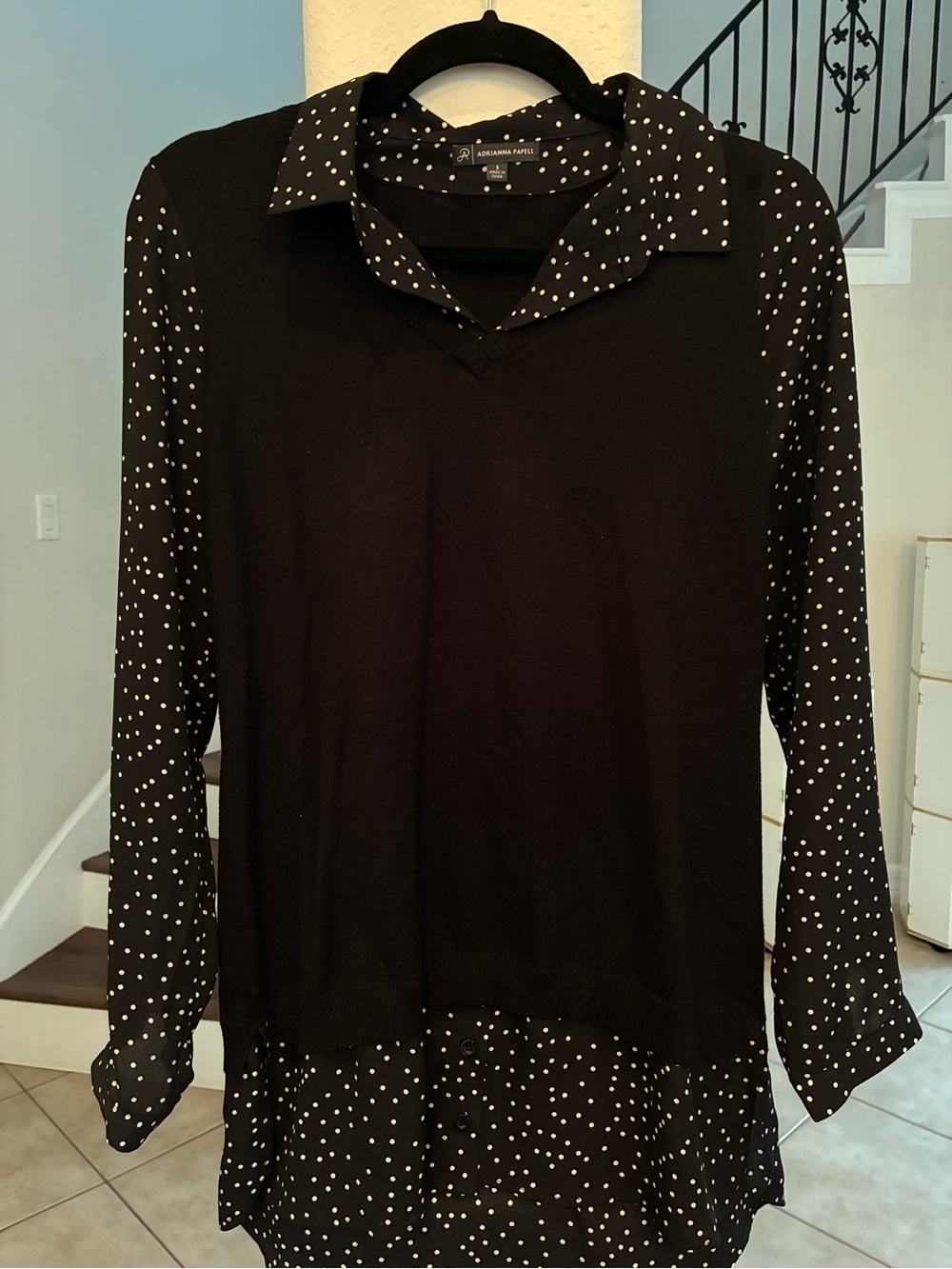Adrianna Papell Black Polka Dot Layered V-Neck Sweater